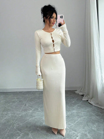 2pcs/Set Sexy Minimalist Pearl Button Cardigan Long Sleeve Top + Bodycon Mini Skirt