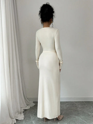 2pcs/Set Sexy Minimalist Pearl Button Cardigan Long Sleeve Top + Bodycon Mini Skirt