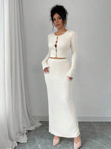 2pcs/Set Sexy Minimalist Pearl Button Cardigan Long Sleeve Top + Bodycon Mini Skirt