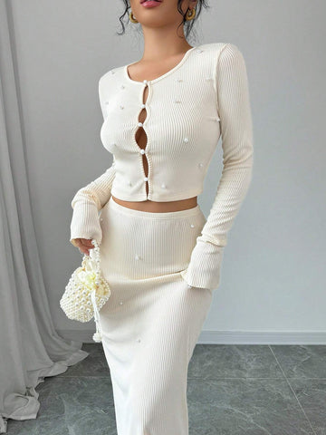 2pcs/Set Sexy Minimalist Pearl Button Cardigan Long Sleeve Top + Bodycon Mini Skirt