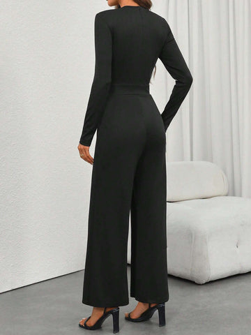 2pcs/Set Women Autumn/Winter Warm Casual Stand Collar Long Sleeve Top And Wide Leg Jumpsuit