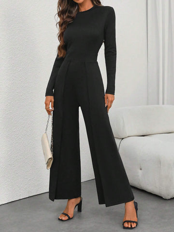 2pcs/Set Women Autumn/Winter Warm Casual Stand Collar Long Sleeve Top And Wide Leg Jumpsuit
