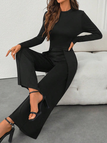 2pcs/Set Women Autumn/Winter Warm Casual Stand Collar Long Sleeve Top And Wide Leg Jumpsuit