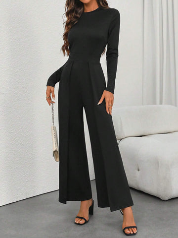 2pcs/Set Women Autumn/Winter Warm Casual Stand Collar Long Sleeve Top And Wide Leg Jumpsuit