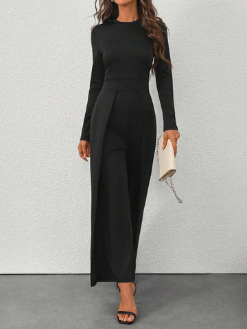 2pcs/Set Women Autumn/Winter Warm Casual Stand Collar Long Sleeve Top And Wide Leg Jumpsuit