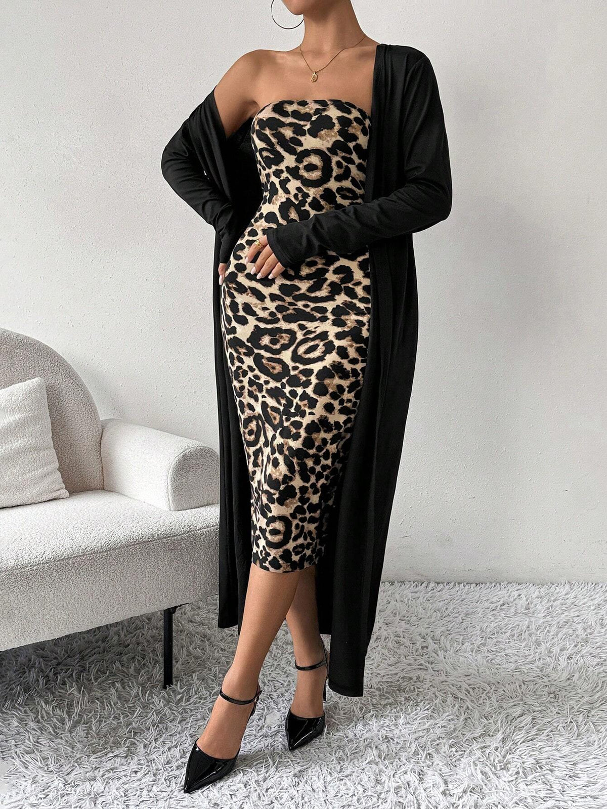 2pcs/Set Women Autumn Solid Long Sleeve Long Cardigan Coat And Leopard Print Bodycon Dress, Fashion Outfit