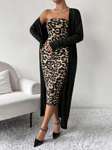 2pcs/Set Women Autumn Solid Long Sleeve Long Cardigan Coat And Leopard Print Bodycon Dress, Fashion Outfit