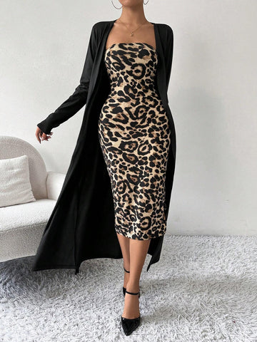 2pcs/Set Women Autumn Solid Long Sleeve Long Cardigan Coat And Leopard Print Bodycon Dress, Fashion Outfit