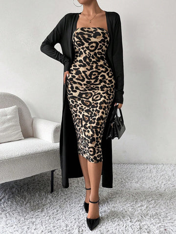 2pcs/Set Women Autumn Solid Long Sleeve Long Cardigan Coat And Leopard Print Bodycon Dress, Fashion Outfit