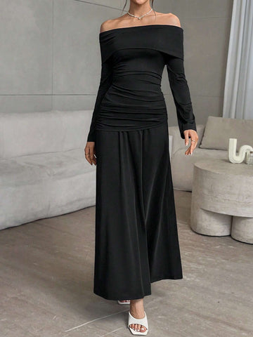 2pcs/Set Women Casual Solid Color Knit Long Sleeve Off-Shoulder Fitted Top & High Waist Loose Skirt