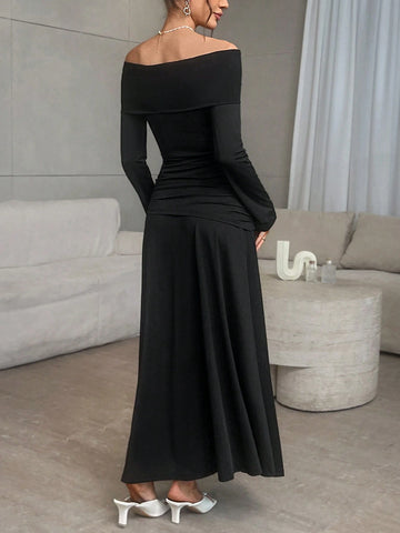 2pcs/Set Women Casual Solid Color Knit Long Sleeve Off-Shoulder Fitted Top & High Waist Loose Skirt