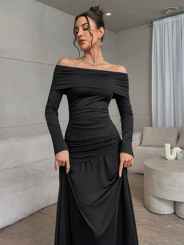 2pcs/Set Women Casual Solid Color Knit Long Sleeve Off-Shoulder Fitted Top & High Waist Loose Skirt