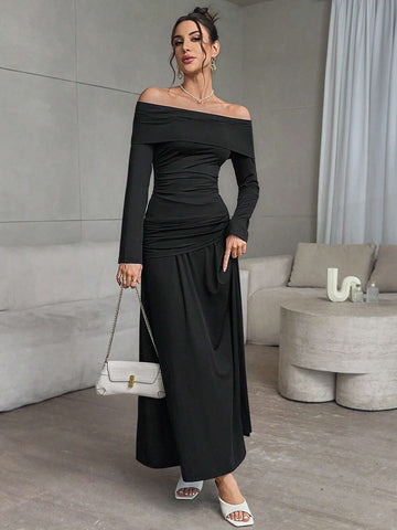 2pcs/Set Women Casual Solid Color Knit Long Sleeve Off-Shoulder Fitted Top & High Waist Loose Skirt