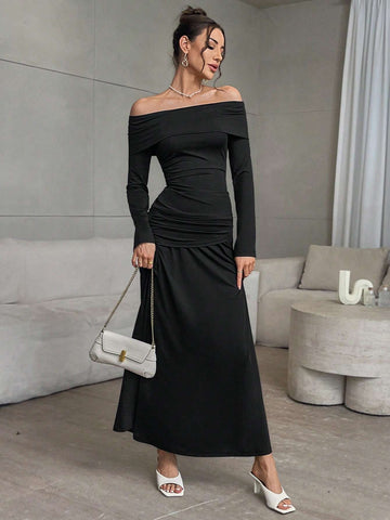 2pcs/Set Women Casual Solid Color Knit Long Sleeve Off-Shoulder Fitted Top & High Waist Loose Skirt