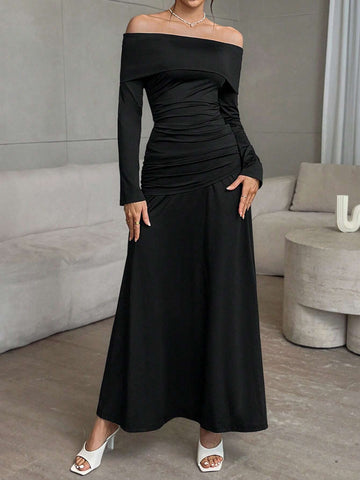 2pcs/Set Women Casual Solid Color Knit Long Sleeve Off-Shoulder Fitted Top & High Waist Loose Skirt