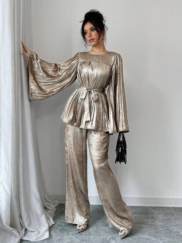 2pcs/Set Women Sparkling Round Neck Flared Sleeve Top And Pants, Fashion Outfit