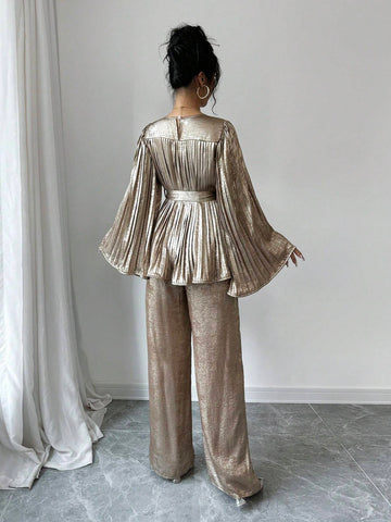 2pcs/Set Women Sparkling Round Neck Flared Sleeve Top And Pants, Fashion Outfit