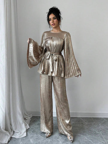 2pcs/Set Women Sparkling Round Neck Flared Sleeve Top And Pants, Fashion Outfit