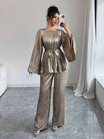 2pcs/Set Women Sparkling Round Neck Flared Sleeve Top And Pants, Fashion Outfit