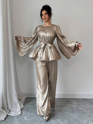 2pcs/Set Women Sparkling Round Neck Flared Sleeve Top And Pants, Fashion Outfit