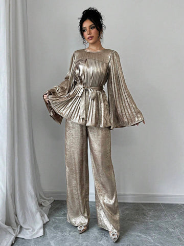 2pcs/Set Women Sparkling Round Neck Flared Sleeve Top And Pants, Fashion Outfit