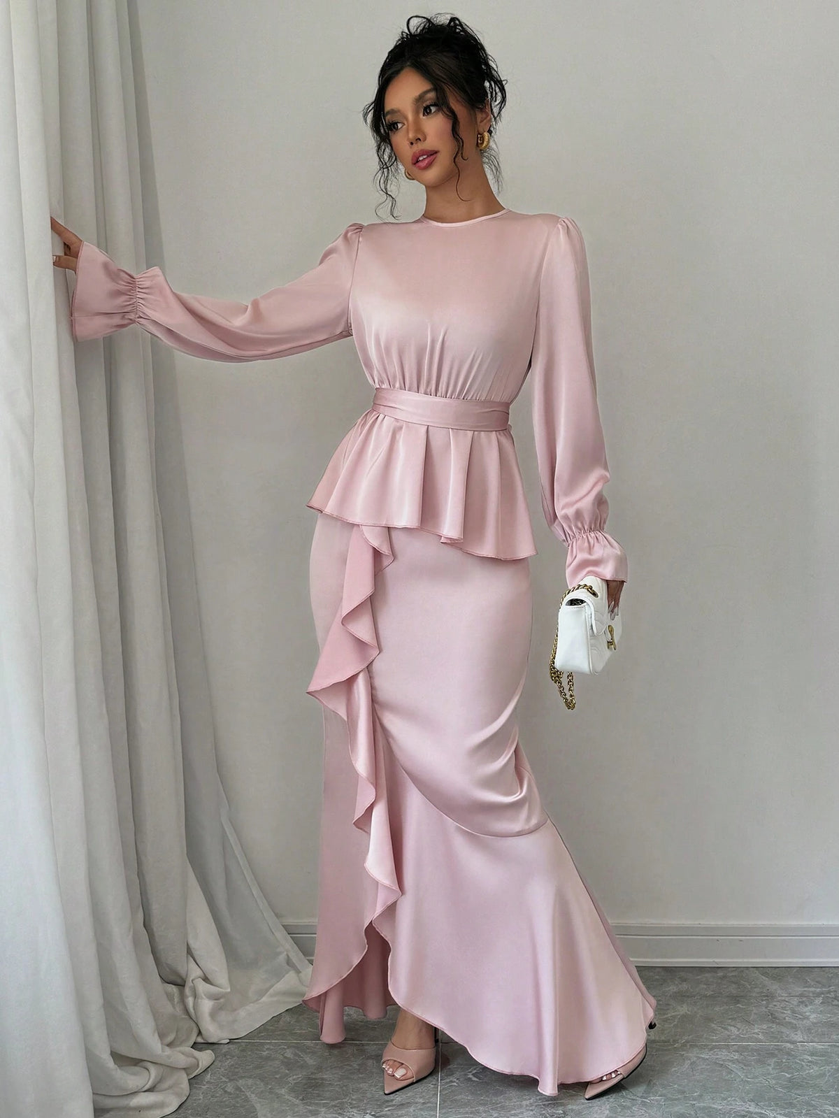 2pcs/Set Women's Elegant Long Sleeve Mermaid Hem Skirt Shiny Outfits, Fall & Winter