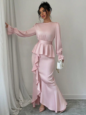 2pcs/Set Women's Elegant Long Sleeve Mermaid Hem Skirt Shiny Outfits, Fall & Winter