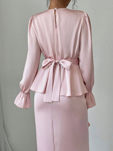 2pcs/Set Women's Elegant Long Sleeve Mermaid Hem Skirt Shiny Outfits, Fall & Winter