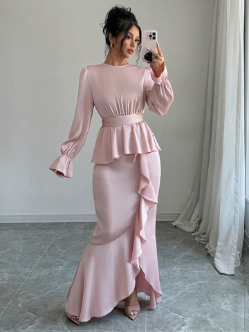 2pcs/Set Women's Elegant Long Sleeve Mermaid Hem Skirt Shiny Outfits, Fall & Winter