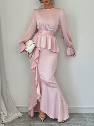 2pcs/Set Women's Elegant Long Sleeve Mermaid Hem Skirt Shiny Outfits, Fall & Winter