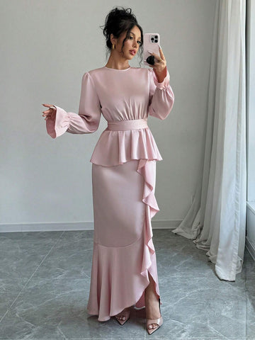 2pcs/Set Women's Elegant Long Sleeve Mermaid Hem Skirt Shiny Outfits, Fall & Winter