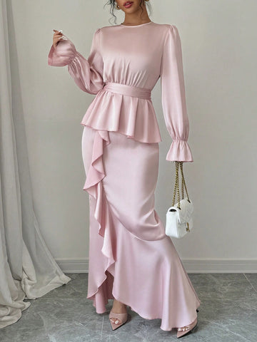 2pcs/Set Women's Elegant Long Sleeve Mermaid Hem Skirt Shiny Outfits, Fall & Winter