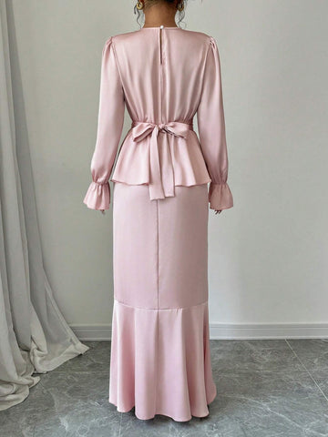 2pcs/Set Women's Elegant Long Sleeve Mermaid Hem Skirt Shiny Outfits, Fall & Winter