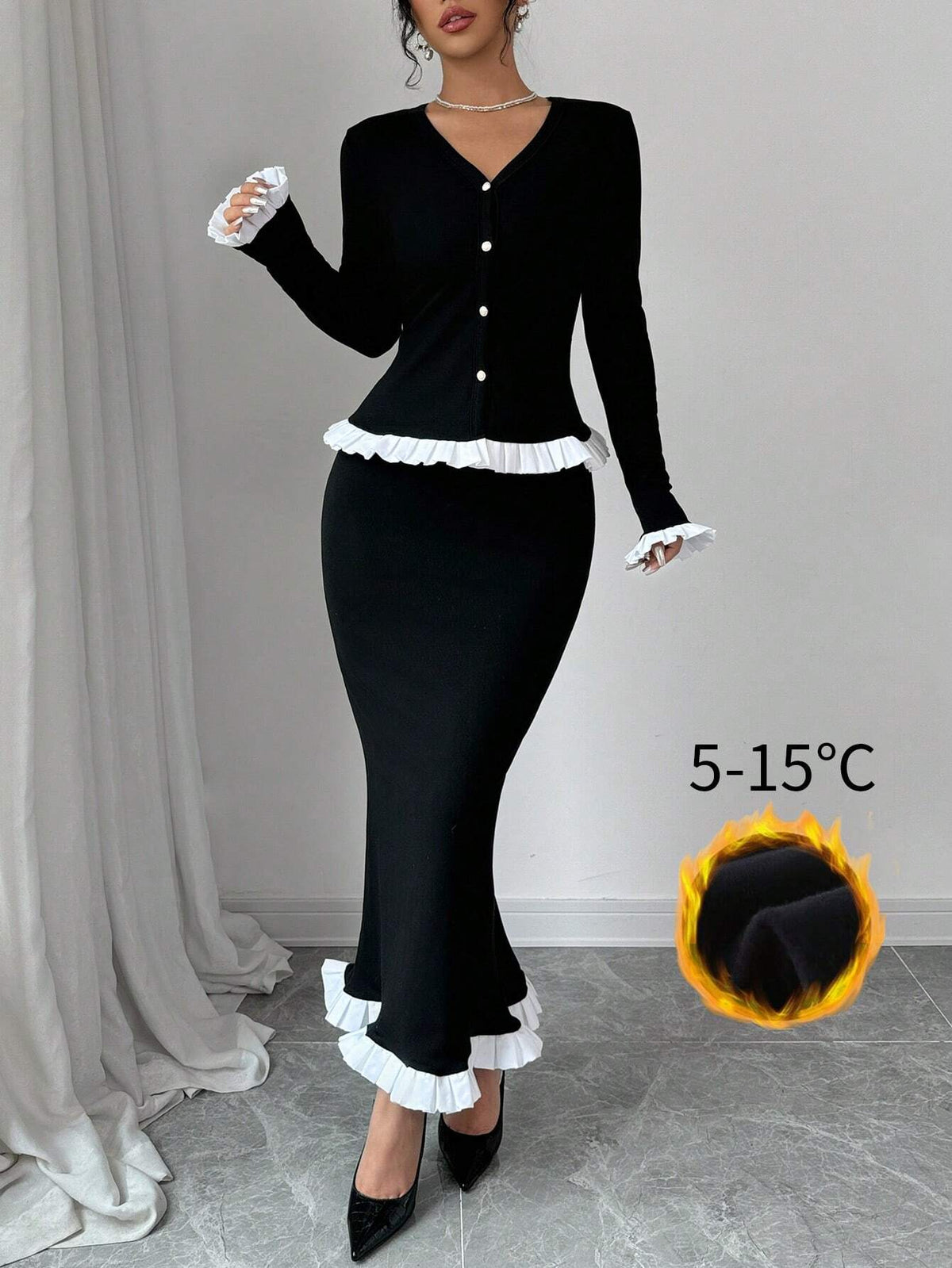 2pcs/Set Women's Long White Lace Patchwork Knitted Outfit