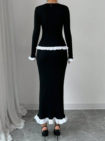 2pcs/Set Women's Long White Lace Patchwork Knitted Outfit