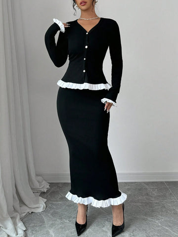 2pcs/Set Women's Long White Lace Patchwork Knitted Outfit