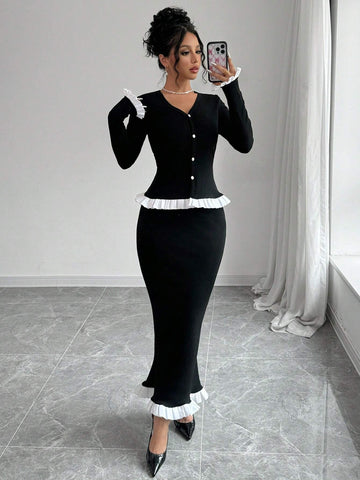 2pcs/Set Women's Long White Lace Patchwork Knitted Outfit