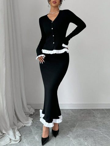 2pcs/Set Women's Long White Lace Patchwork Knitted Outfit