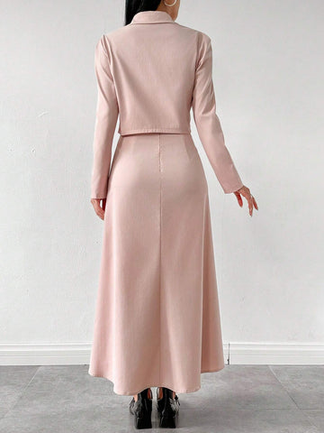 2pcs Elegant Gentle Style Elegant Pink Top And Skirt Set