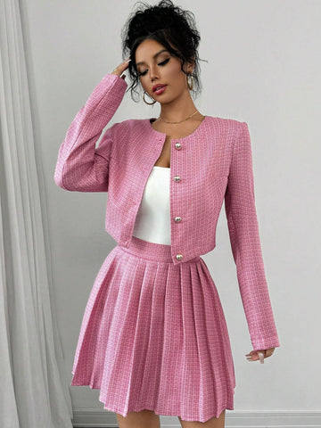 2pcs Women Casual Plaid Jacket And Pleated Skirt Set, Autumn