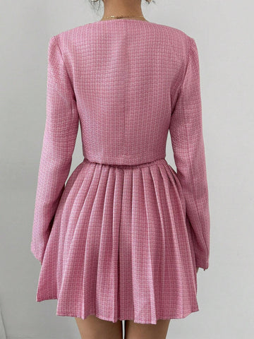2pcs Women Casual Plaid Jacket And Pleated Skirt Set, Autumn