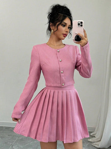2pcs Women Casual Plaid Jacket And Pleated Skirt Set, Autumn