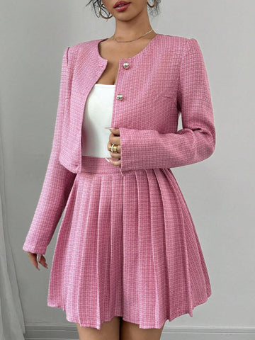 2pcs Women Casual Plaid Jacket And Pleated Skirt Set, Autumn