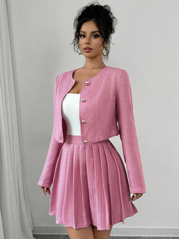 2pcs Women Casual Plaid Jacket And Pleated Skirt Set, Autumn