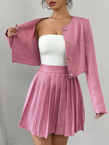 2pcs Women Casual Plaid Jacket And Pleated Skirt Set, Autumn