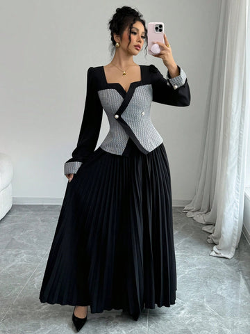 2pcs Women Elegant Grid Pattern Puff Long Sleeve Button-Up Blouse And Long Pleated Skirt Set, Autumn