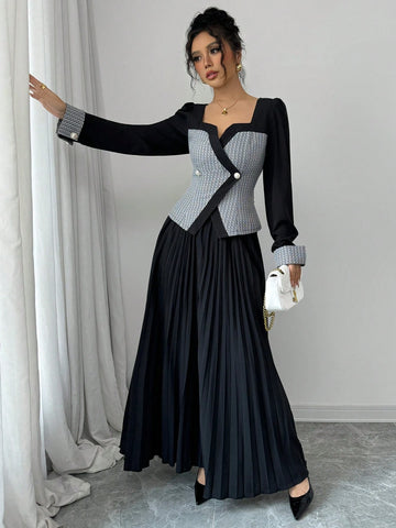 2pcs Women Elegant Grid Pattern Puff Long Sleeve Button-Up Blouse And Long Pleated Skirt Set, Autumn