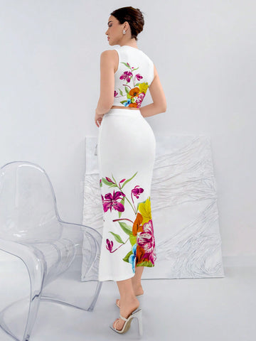 2pcs Women's Floral Printed Crop Top And Mermaid Skirt Set