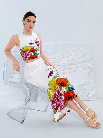 2pcs Women's Floral Printed Crop Top And Mermaid Skirt Set