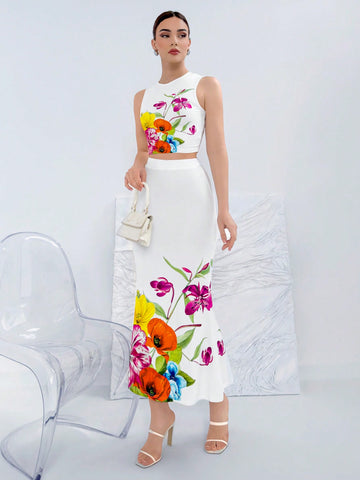 2pcs Women's Floral Printed Crop Top And Mermaid Skirt Set